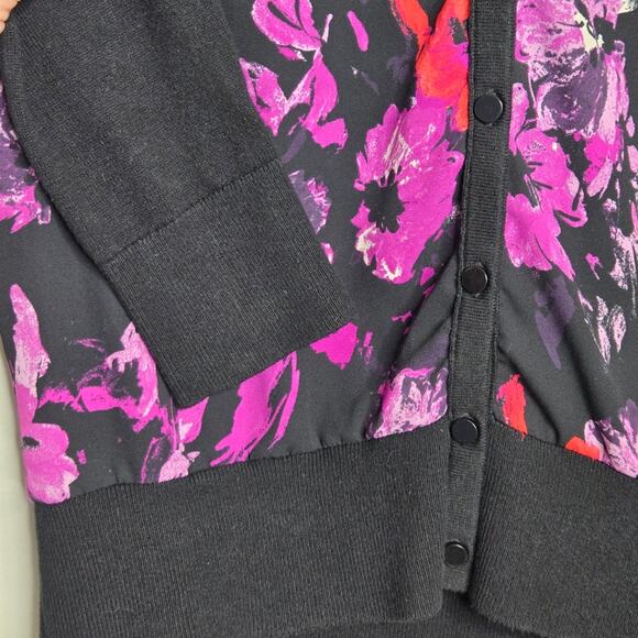ANN TAYLOR Womens Black and Pink Floral Button Front Long Sleeve Sweater Size S - Picture 6 of 8